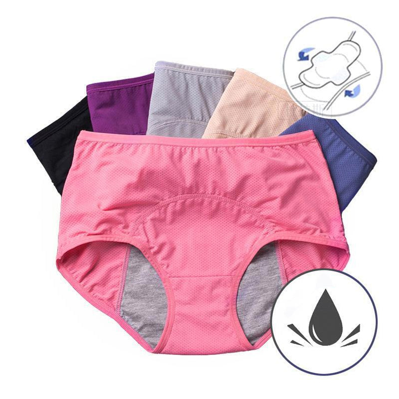 Pink mesh briefs with a gray absorbent gusset in front, fanned over black, purple, gray, beige and blue pairs, with a droplet icon. 2