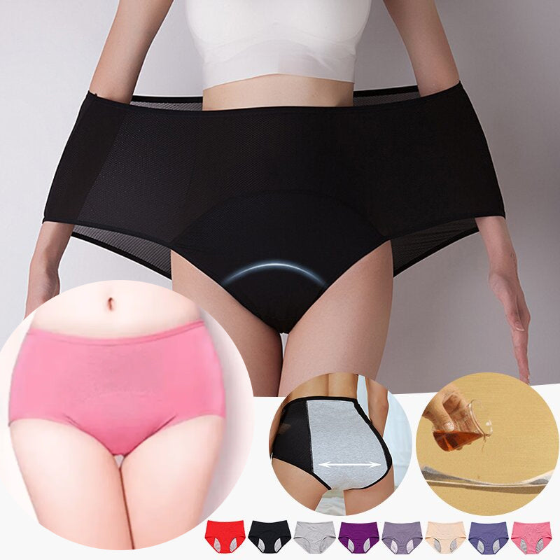 Collage of black briefs stretched wide on a model, with a pink pair, a gray back panel, liquid being poured, and eight color options. 4