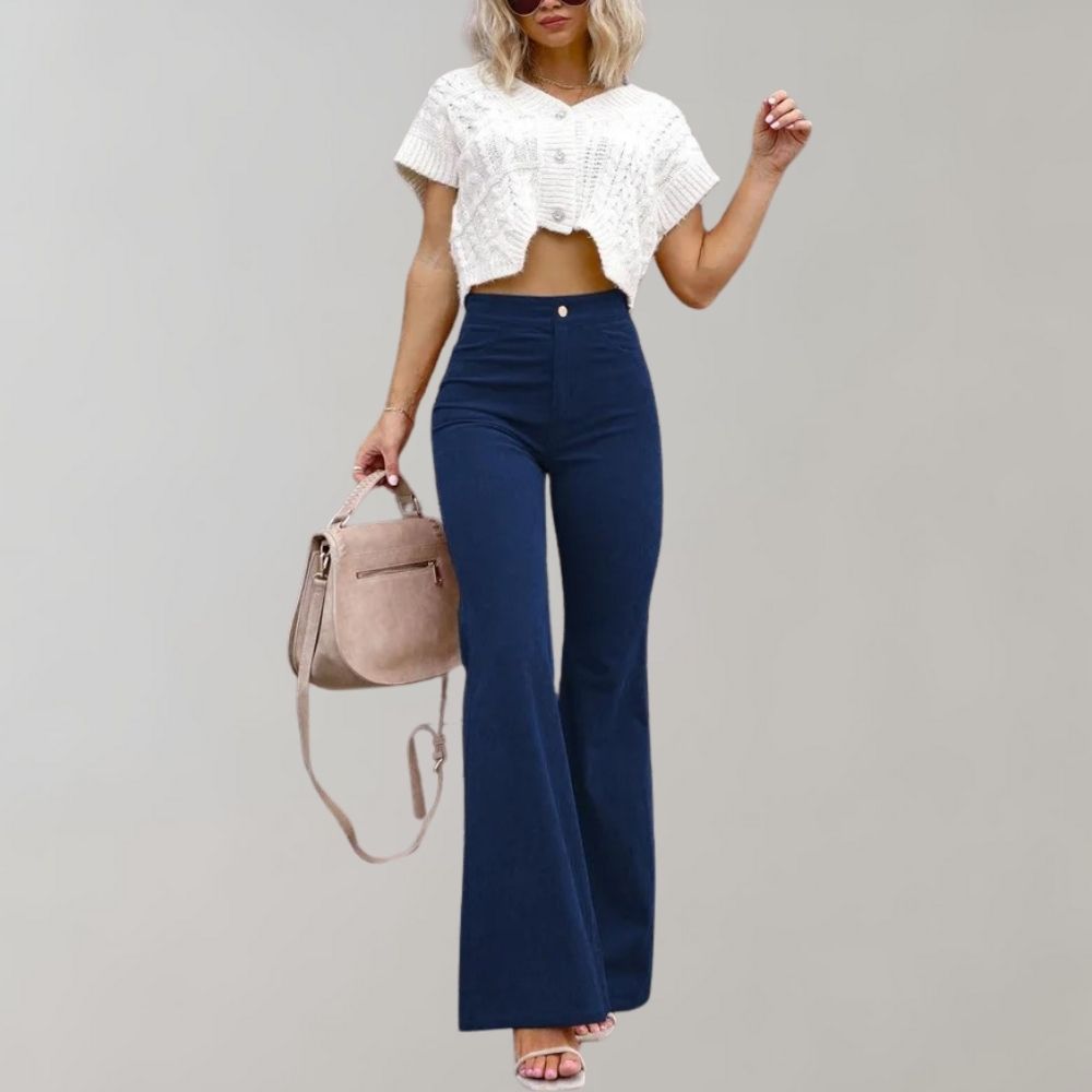 Trendy Corduroy Flared Trousers - Valerie-Dark Blue-S-Nora Luxe