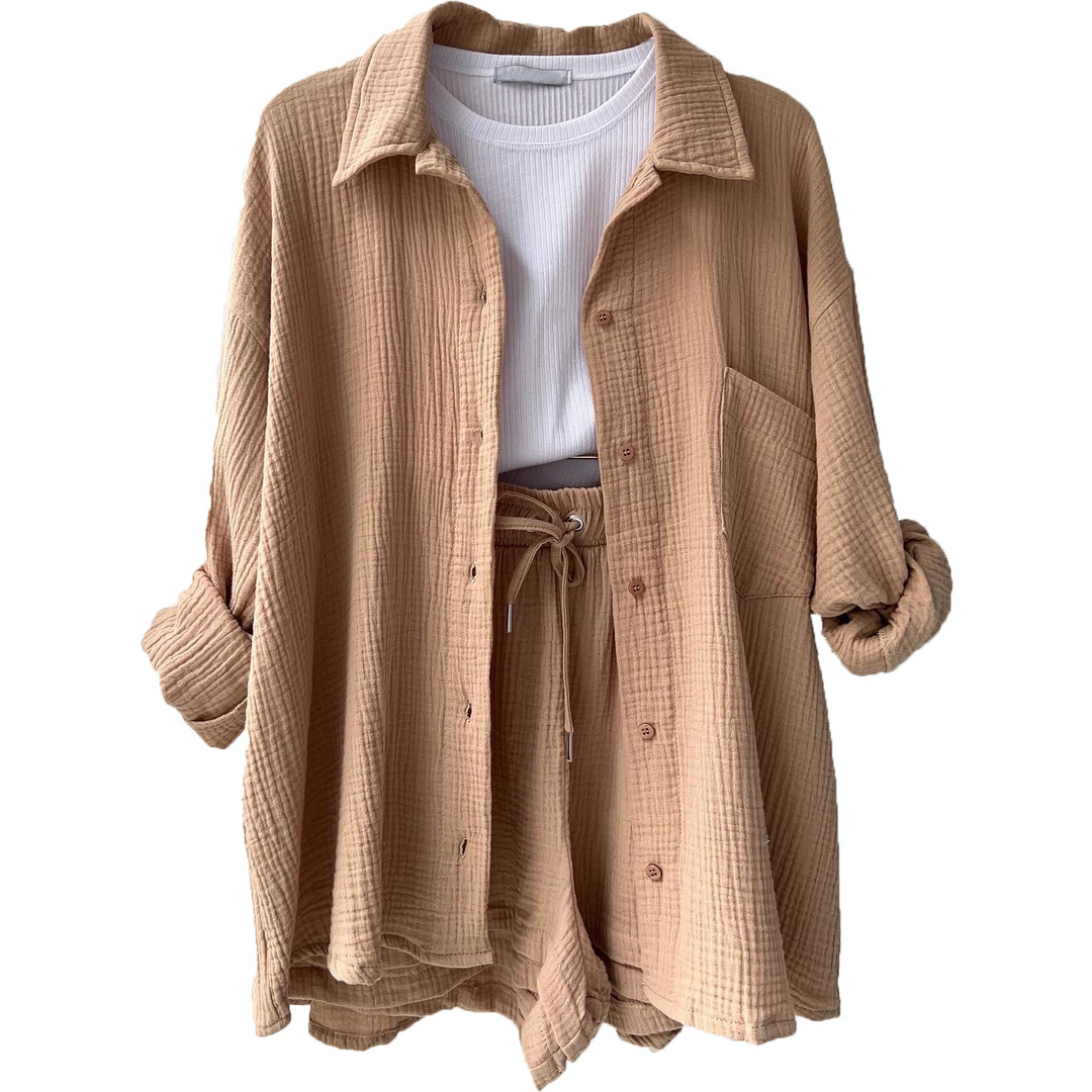 Trendy Cotton Summer Suit Ladies – Faylin-Khaki-S-The Livary