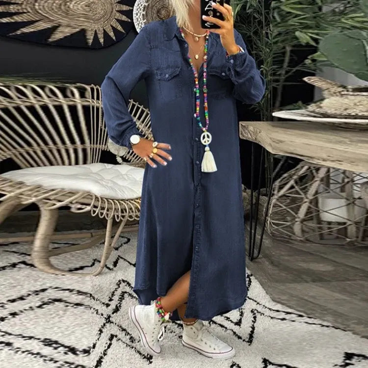 Trendy Denim Dress with Button Closure and Pockets – Isaline-Blue-S-The Livary
