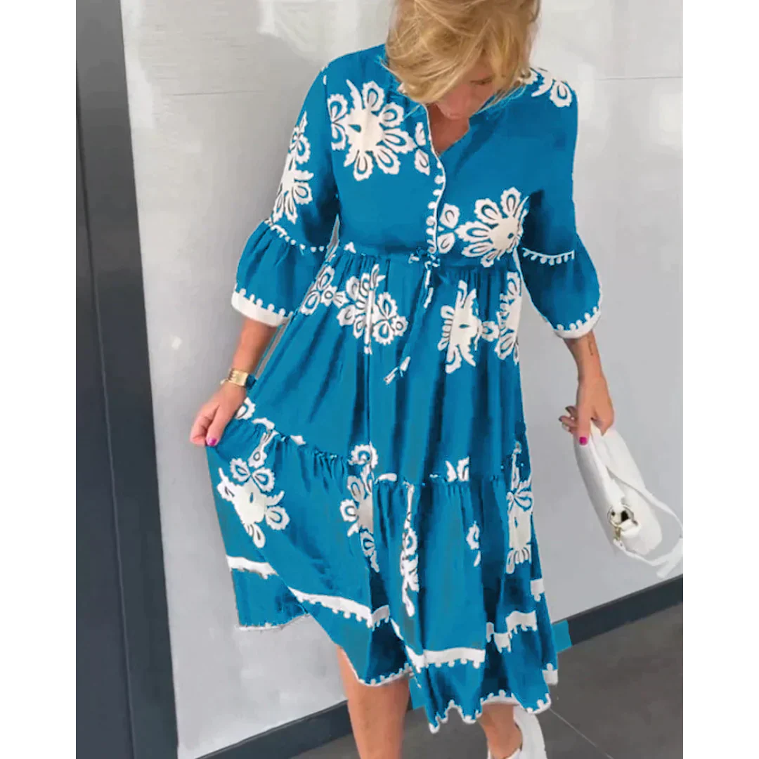 Trendy Dress with Floral Print and 3/4 Sleeves – Elin-Black-S-State of Style