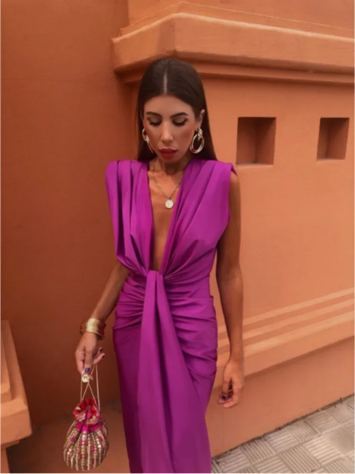 Trendy evening dress with a deep V-neck & tailored fit – Malina-Fuchsia-S-Nora Luxe