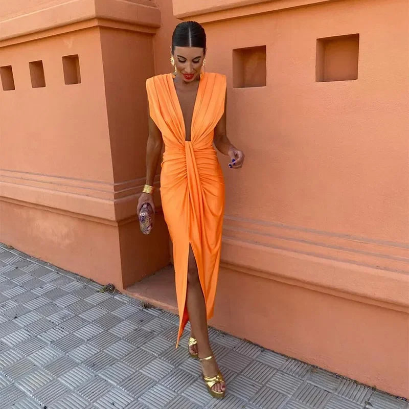 Trendy evening dress with a deep V-neck & tailored fit – Malina-Orange-S-Nora Luxe
