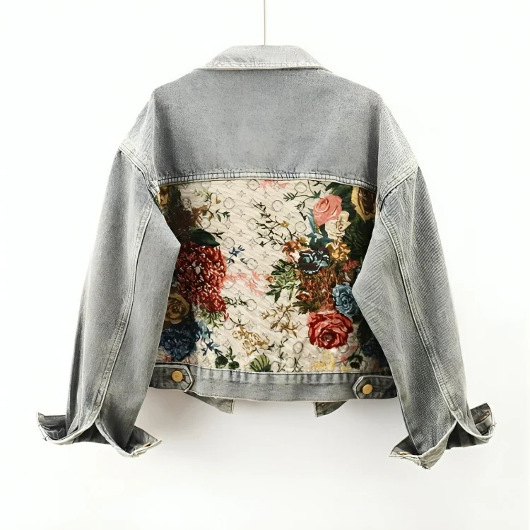 Trendy Flower Denim Jacket for Women - Amaline-Dark blue-XS-Nora Luxe
