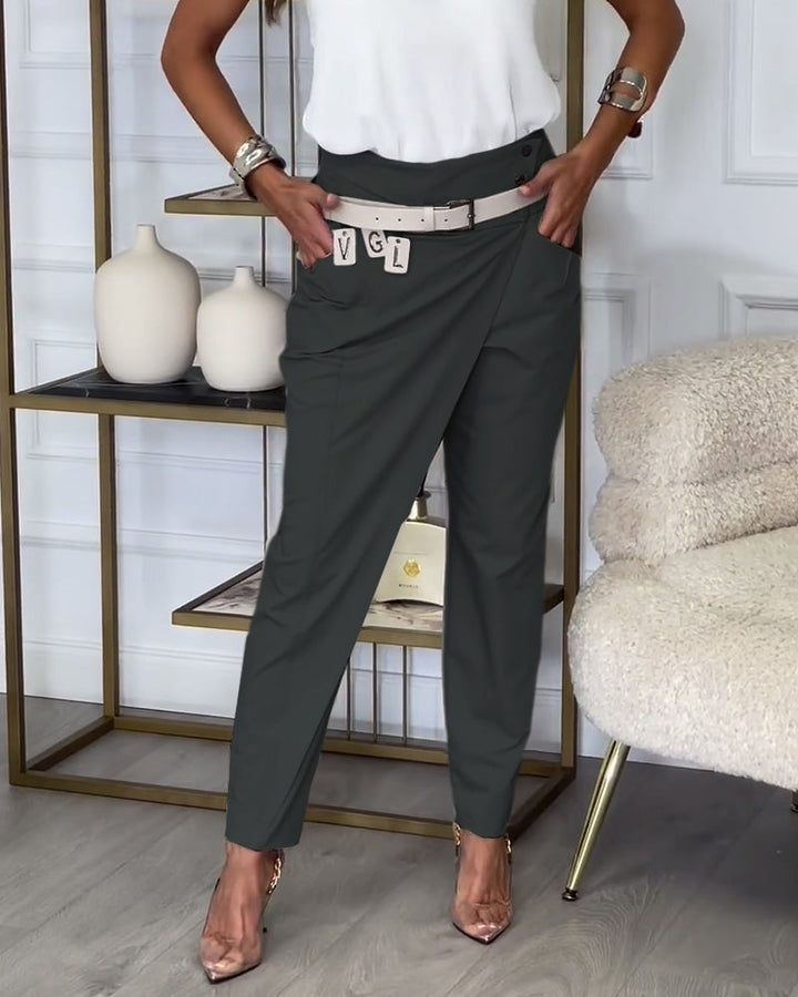 Trendy Ladies Patchwork Trousers with Belt - Liv-Dark gray-S-Nora Luxe