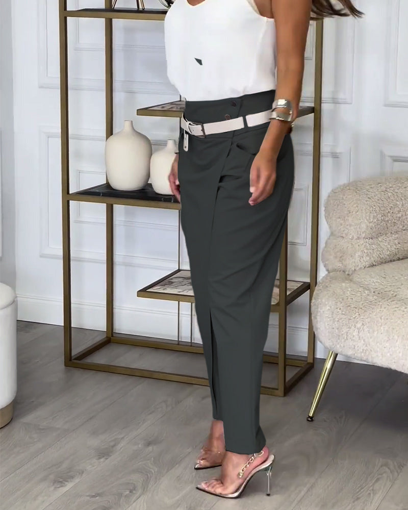 Trendy Ladies Patchwork Trousers with Belt - Liv-Gray-S-Nora Luxe