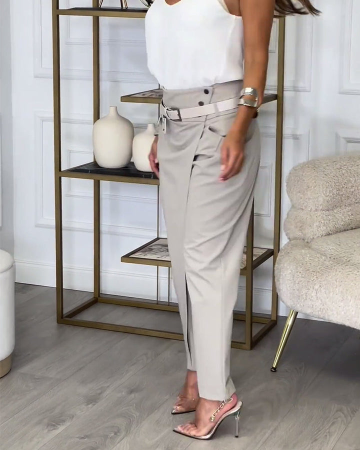 Trendy Ladies Patchwork Trousers with Belt - Liv-Gray-S-Nora Luxe
