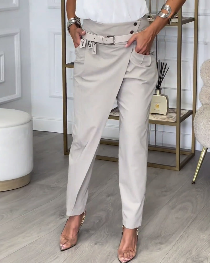 Trendy Ladies Patchwork Trousers with Belt - Liv-Gray-S-Nora Luxe