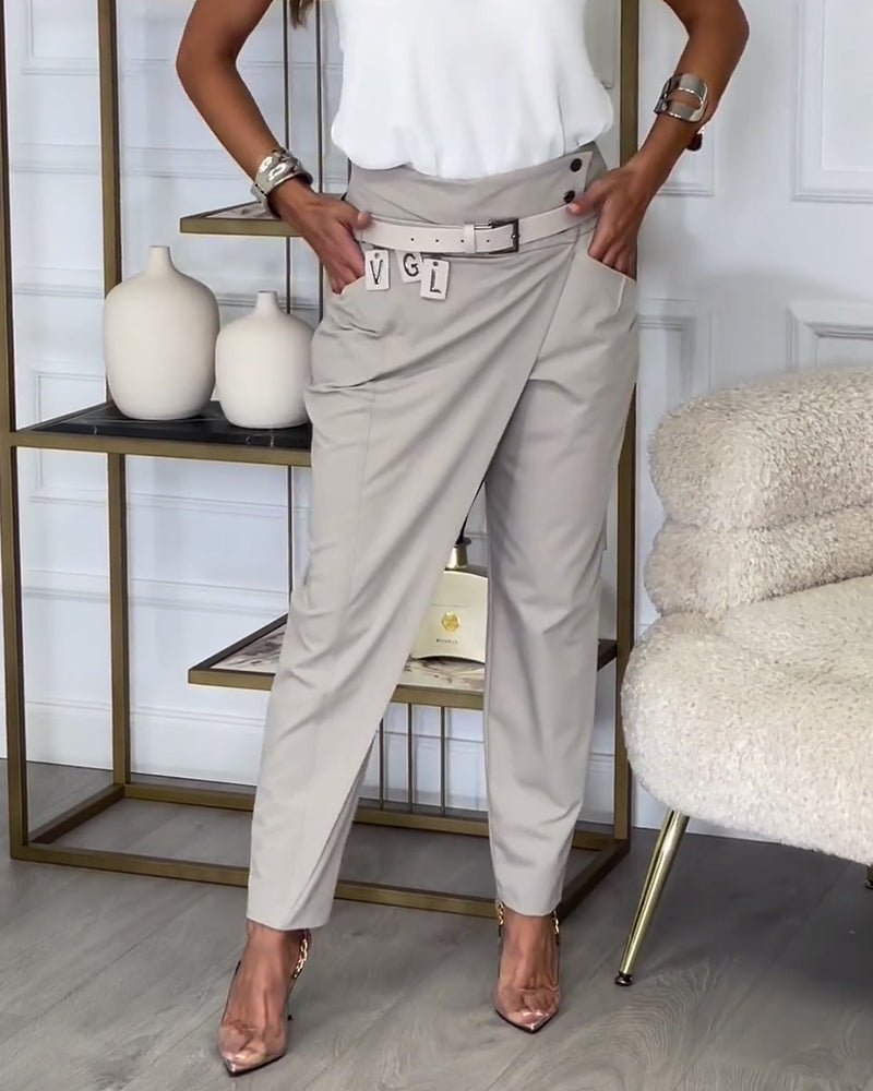 Trendy Ladies Patchwork Trousers with Belt - Liv-Gray-S-Nora Luxe