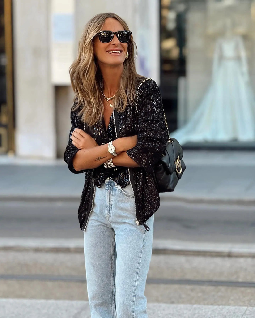 Trendy ladies' sequin blazer for spring & events – Soraya-Black-S-Nora Luxe
