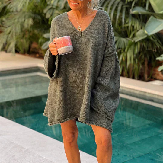 Trendy Ladies' Sweater with V-neck - Clara-Gray-S-Nora Luxe
