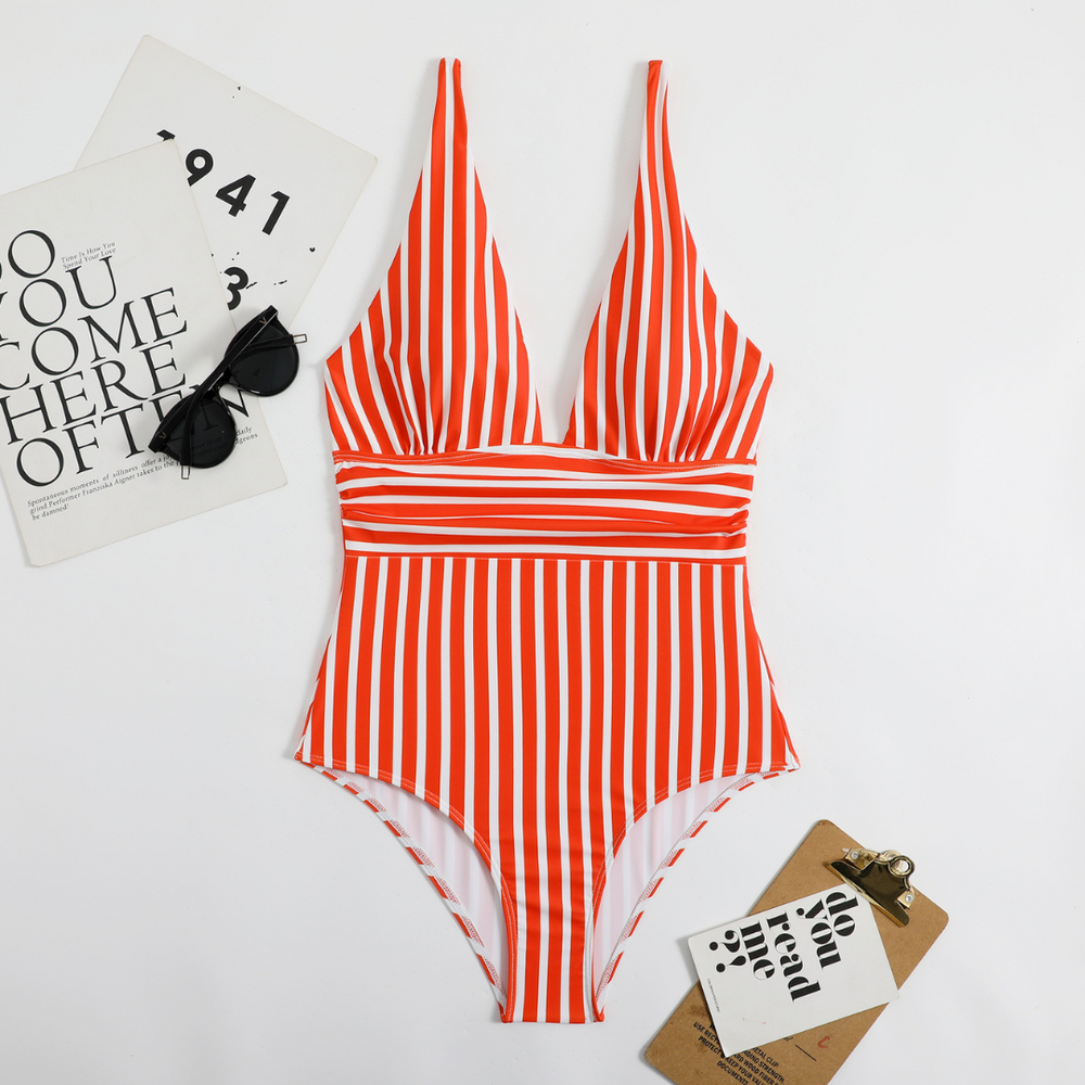 Trendy Ladies' Swimsuit with V-Neck and Striped Pattern – Lina-Orange-S-State of Style