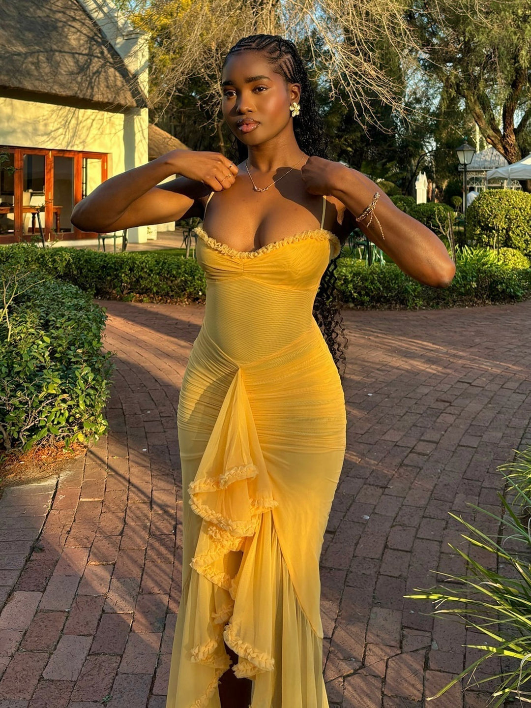 Trendy maxi dress with ruffles and spaghetti straps – Loyza-Yellow-XS-The Livary