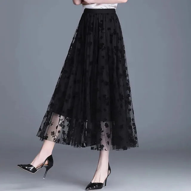 Trendy Mesh Midi Skirt - Fiona-Black-S-Nora Luxe
