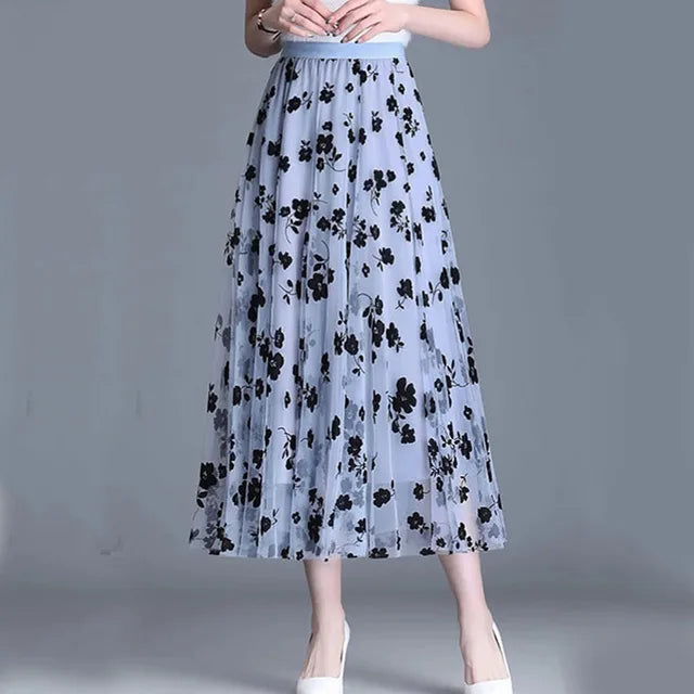 Trendy Mesh Midi Skirt - Fiona-Blue Gray-S-Nora Luxe