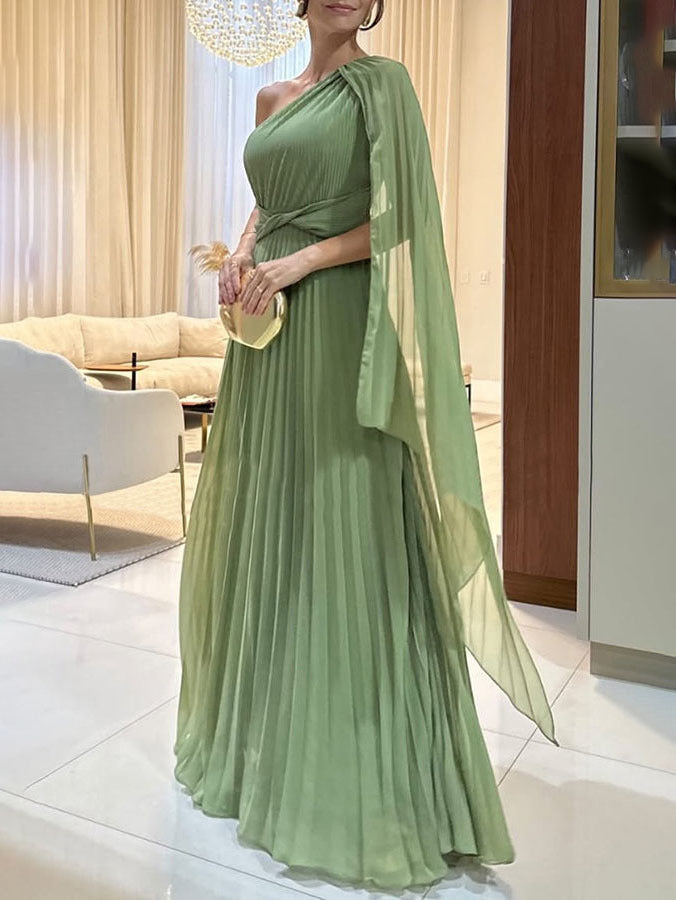 Trendy one-shoulder maxi dress with pleats – Mirella-Green-XS-Nora Luxe