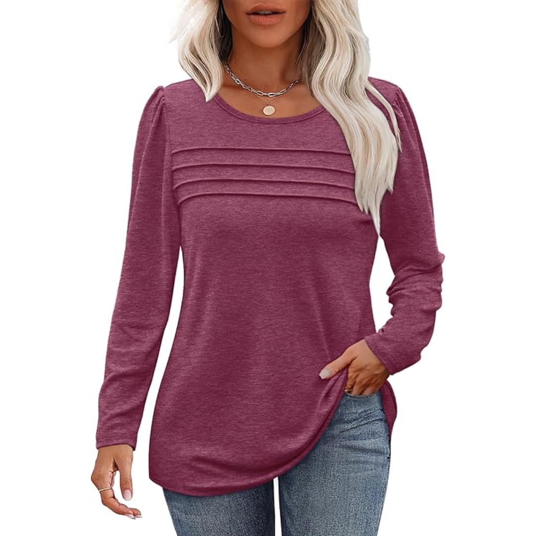Trendy Pleated Long Sleeve Tunic Top - Sarah-Red-M-Nora Luxe