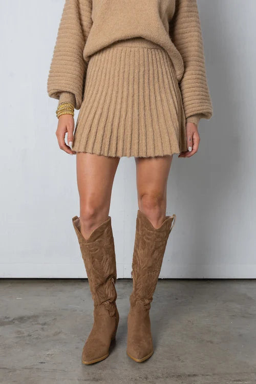 Trendy Pleated Sweater and Skirt Set - Isabella-Beige-XS-Nora Luxe