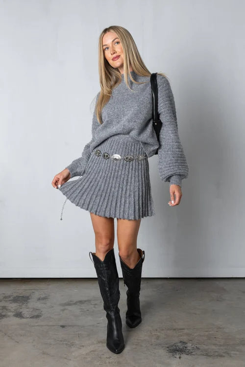 Trendy Pleated Sweater and Skirt Set - Isabella-Grey-XS-Nora Luxe