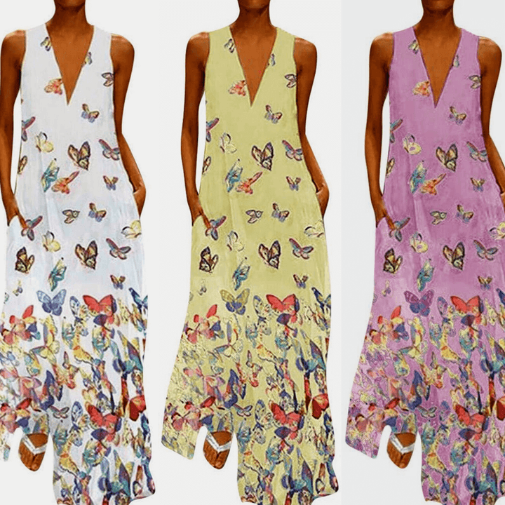 Trendy Sleeveless Maxi Summer Dress with Butterfly Print – Malia-White-S-Nora Luxe