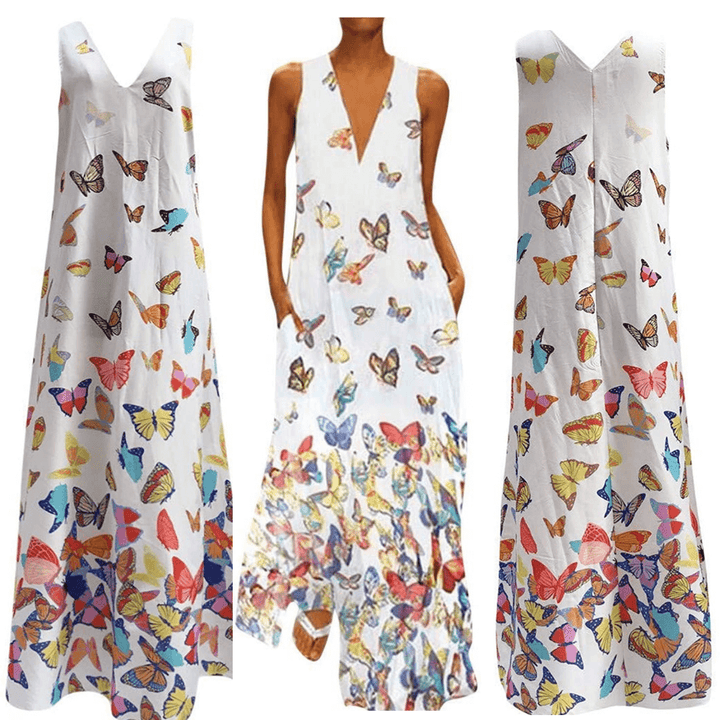 Trendy Sleeveless Maxi Summer Dress with Butterfly Print – Malia-White-S-Nora Luxe