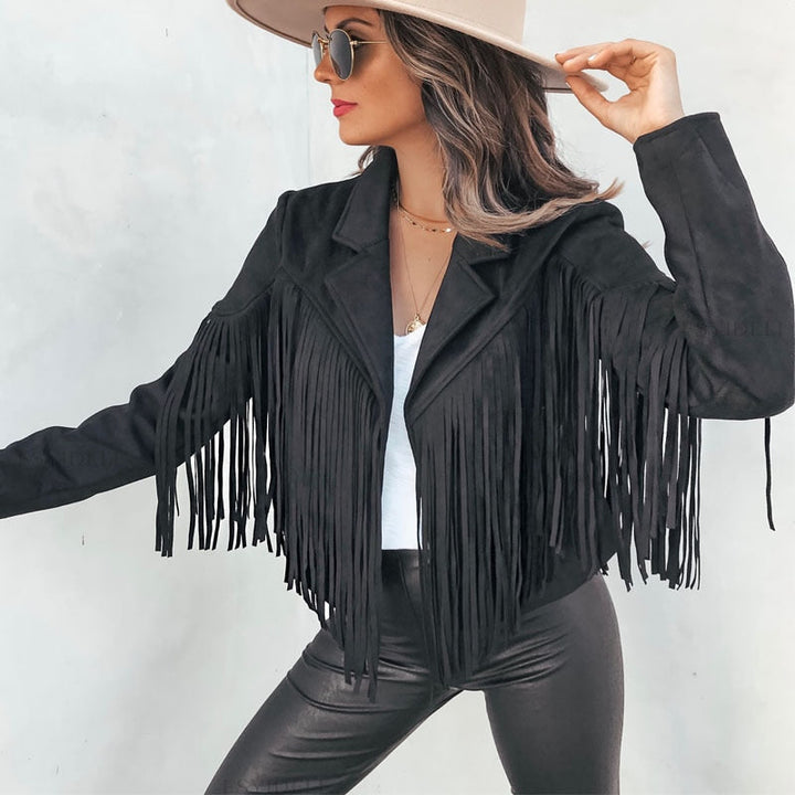 Trendy Suede Ladies Jacket with Fringes - Isabella-Black-S-Nora Luxe
