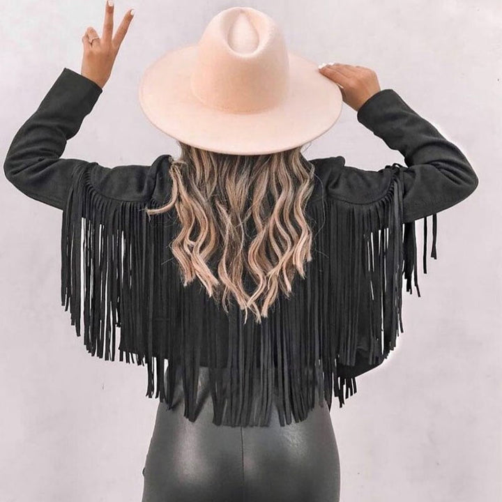 Trendy Suede Ladies Jacket with Fringes - Isabella-Black-S-Nora Luxe