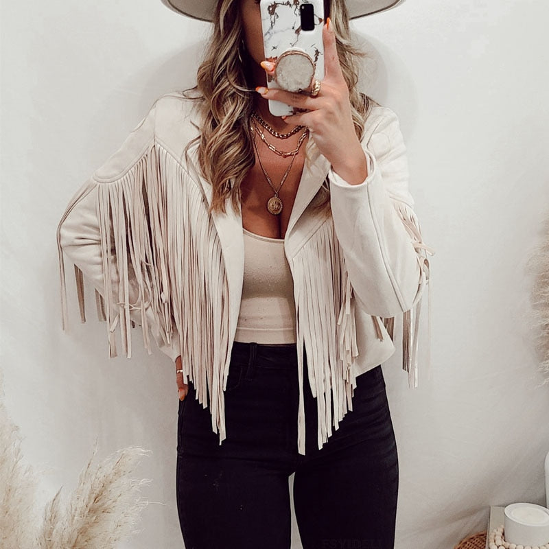 Trendy Suede Ladies Jacket with Fringes - Isabella-White-S-Nora Luxe