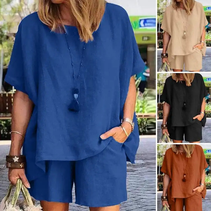Trendy Two-Piece Linen Summer Set with Shorts for Women – Nayla-Gray-S-Nora Luxe
