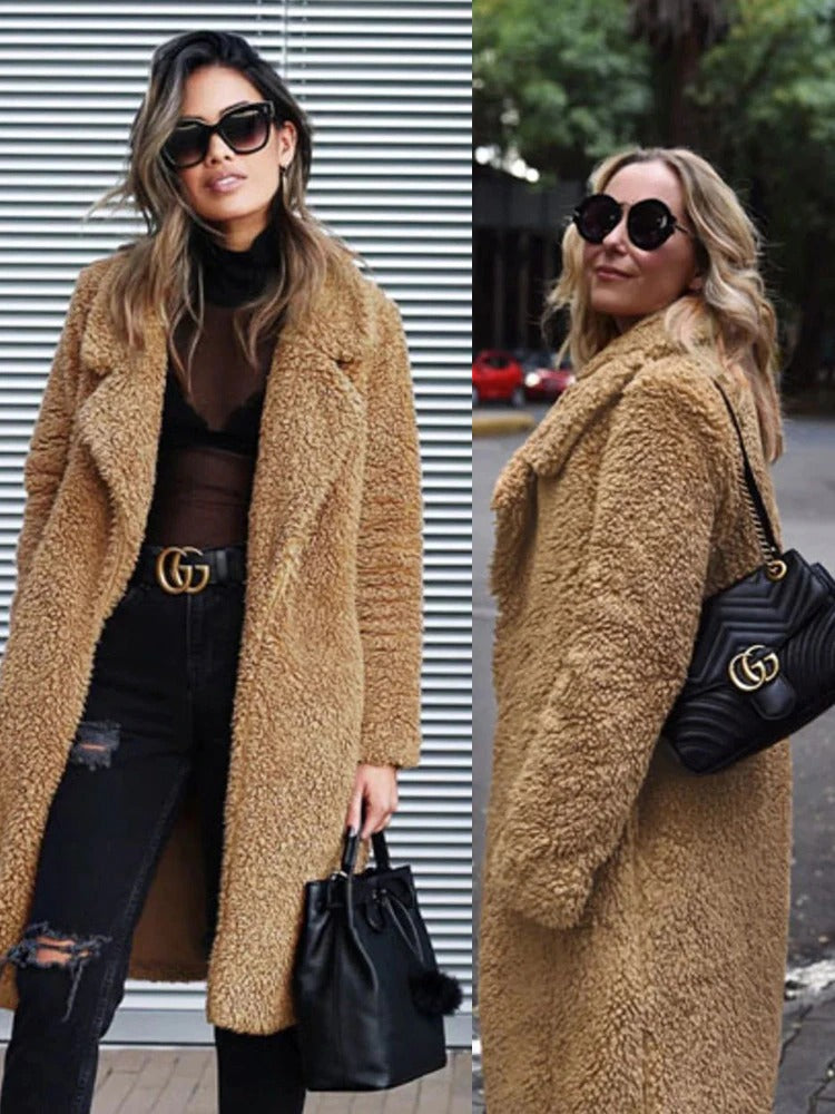 Trendy Warm Long Teddy Coat for Women - Isla-Apricot-S-Nora Luxe