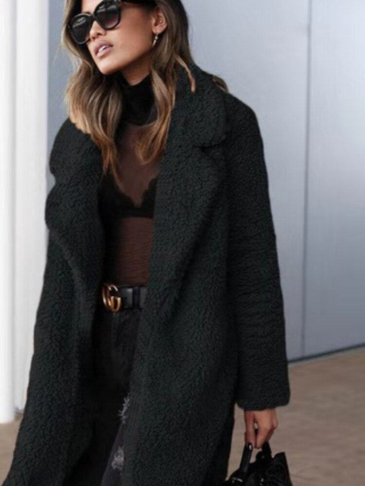 Trendy Warm Long Teddy Coat for Women - Isla-Black-S-Nora Luxe