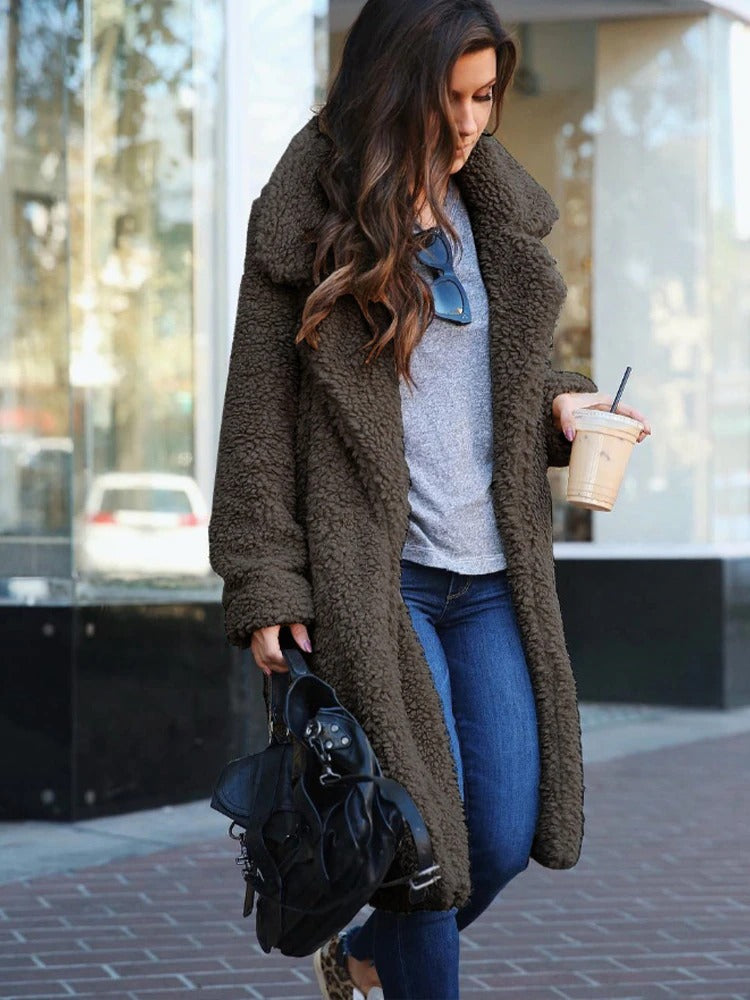 Trendy Warm Long Teddy Coat for Women - Isla-Dark Gray-S-Nora Luxe