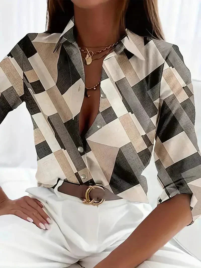 Trendy women's blouse with abstract pattern and button placket – Marlene-Apricot-XS-Nora Luxe
