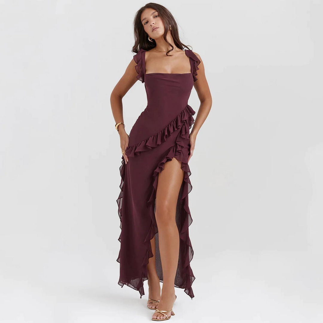 Trendy women's maxi dress with ruffles & chiffon for summer – Amira-Burgundy red-S-Nora Luxe