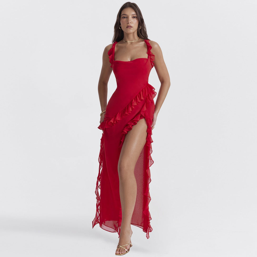 Trendy women's maxi dress with ruffles & chiffon for summer – Amira-Red-S-Nora Luxe