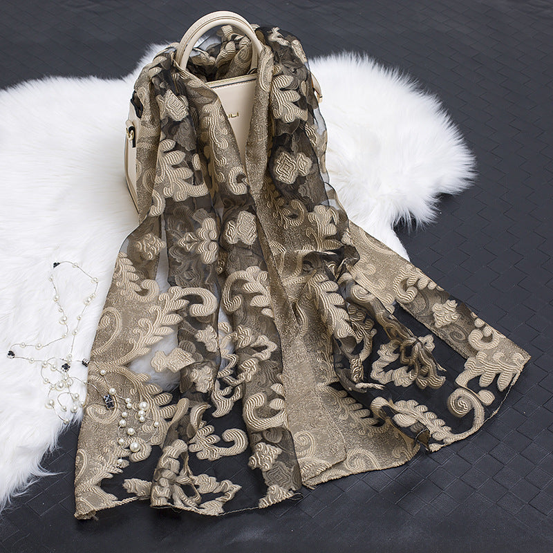Trendy women's silk scarf with floral pattern and cut-out design – Fiora (1+1 FREE)-Flower beige-Nora Luxe