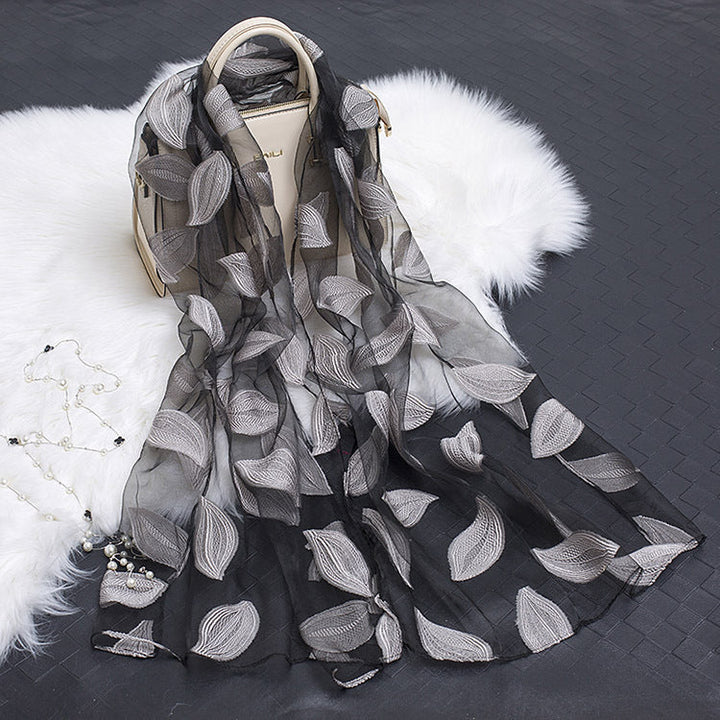 Trendy women's silk scarf with floral pattern and cut-out design – Fiora (1+1 FREE)-Grey leaves-Nora Luxe
