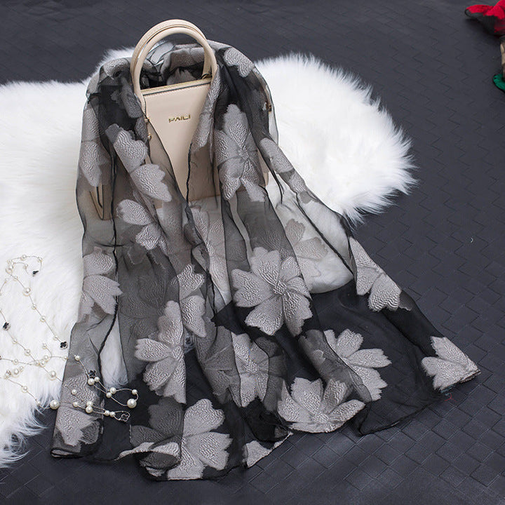 Trendy women's silk scarf with floral pattern and cut-out design – Fiora (1+1 FREE)-Grey-Nora Luxe