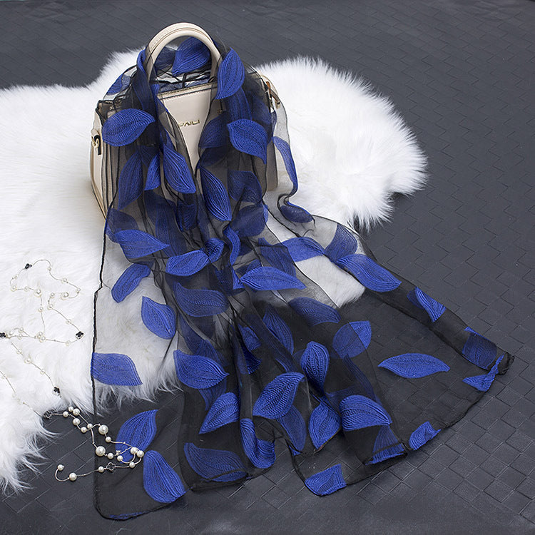Trendy women's silk scarf with floral pattern and cut-out design – Fiora (1+1 FREE)-Leaves royal blue-Nora Luxe