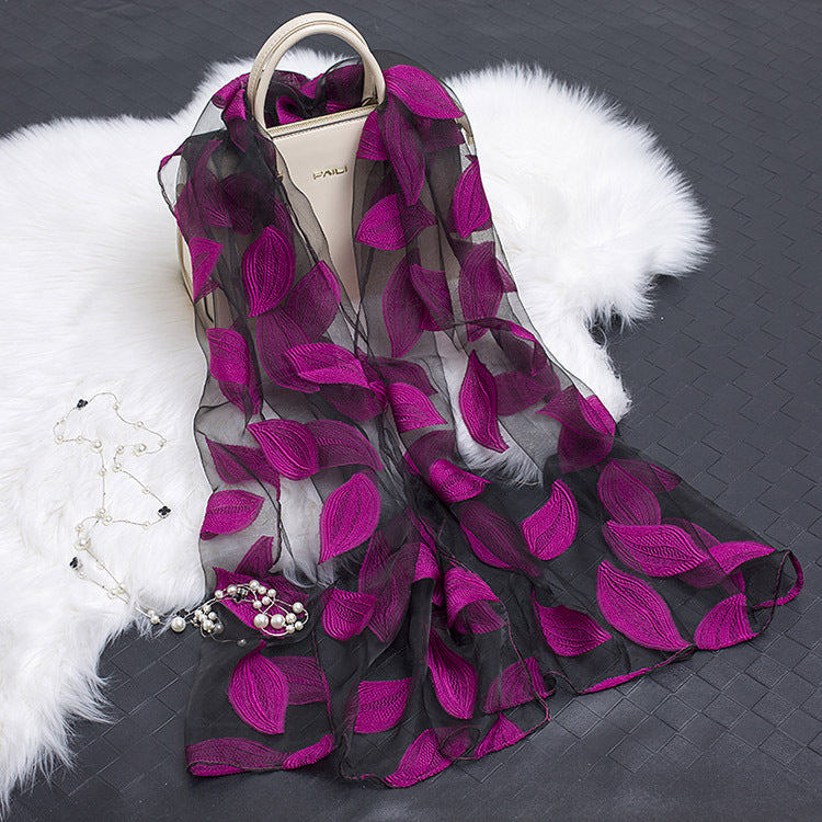 Trendy women's silk scarf with floral pattern and cut-out design – Fiora (1+1 FREE)-Pink leaves-Nora Luxe