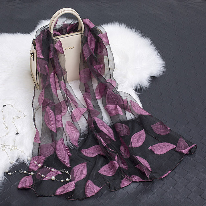 Trendy women's silk scarf with floral pattern and cut-out design – Fiora (1+1 FREE)-Purple leaves-Nora Luxe