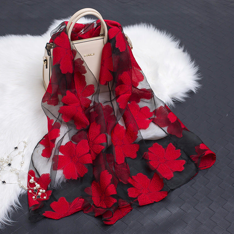 Trendy women's silk scarf with floral pattern and cut-out design – Fiora (1+1 FREE)-Red-Nora Luxe