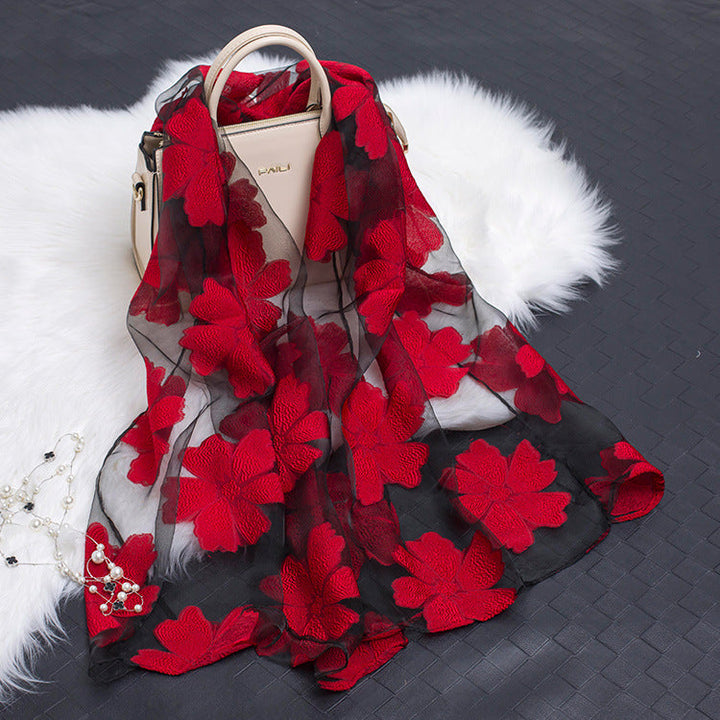Trendy women's silk scarf with floral pattern and cut-out design – Fiora (1+1 FREE)-Red-Nora Luxe