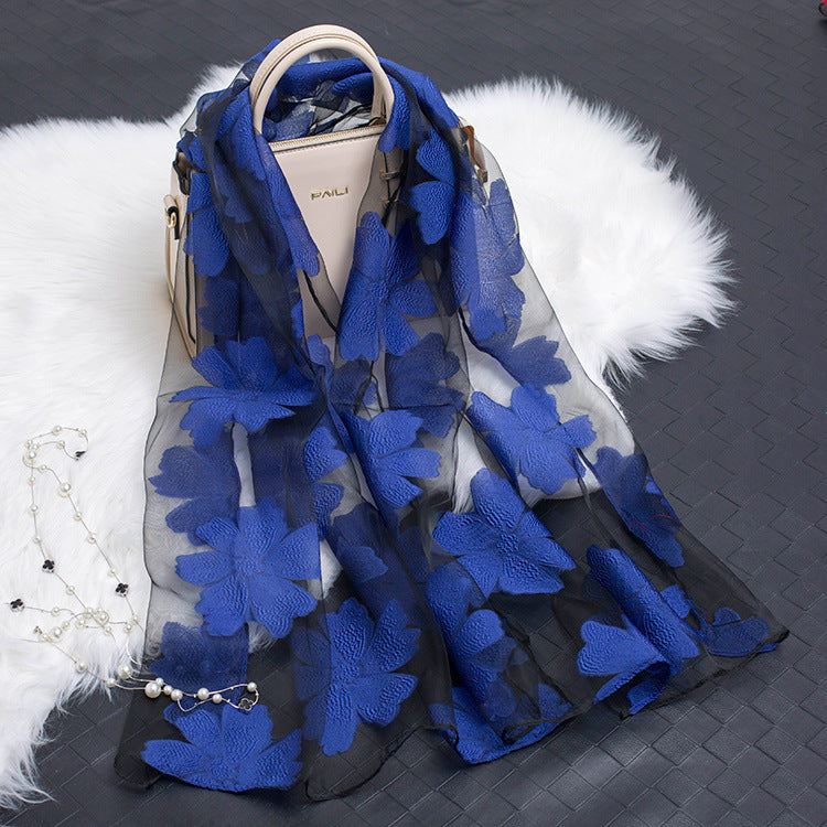 Trendy women's silk scarf with floral pattern and cut-out design – Fiora (1+1 FREE)-Royal blue-Nora Luxe