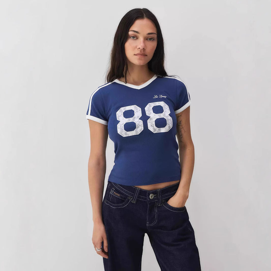 Trendy women's T-shirt with lace detail & contrast sleeves – Yelina-S-Nora Luxe