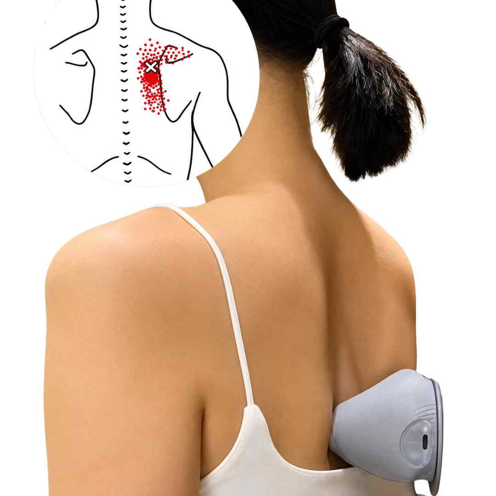 Woman in a white camisole presses a gray massager against her upper back, with a circular inset diagram marking the muscle knot area in red. 2