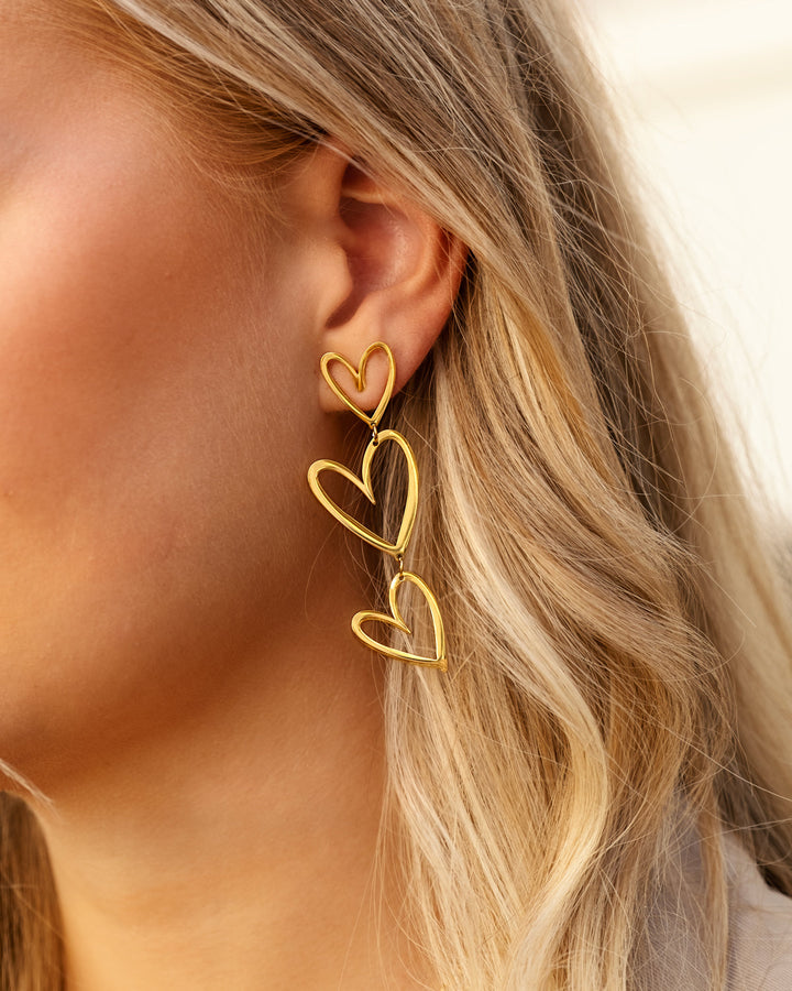 Triple Heart Pendant Earrings-Gold-plated-Nora Luxe