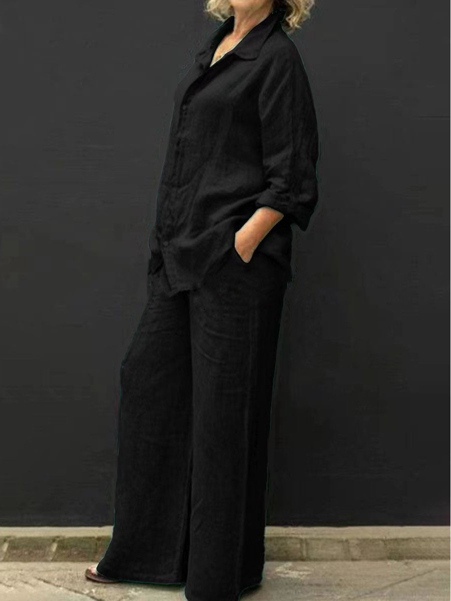 Two-piece cotton-linen women's suit summer - Linora-Black-S-Nora Luxe