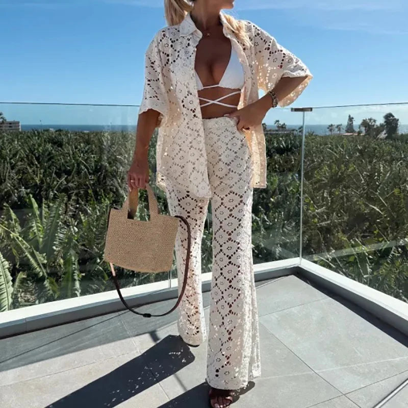 Two-piece ladies lace outfit with wide trousers – Livia-White-S-Nora Luxe